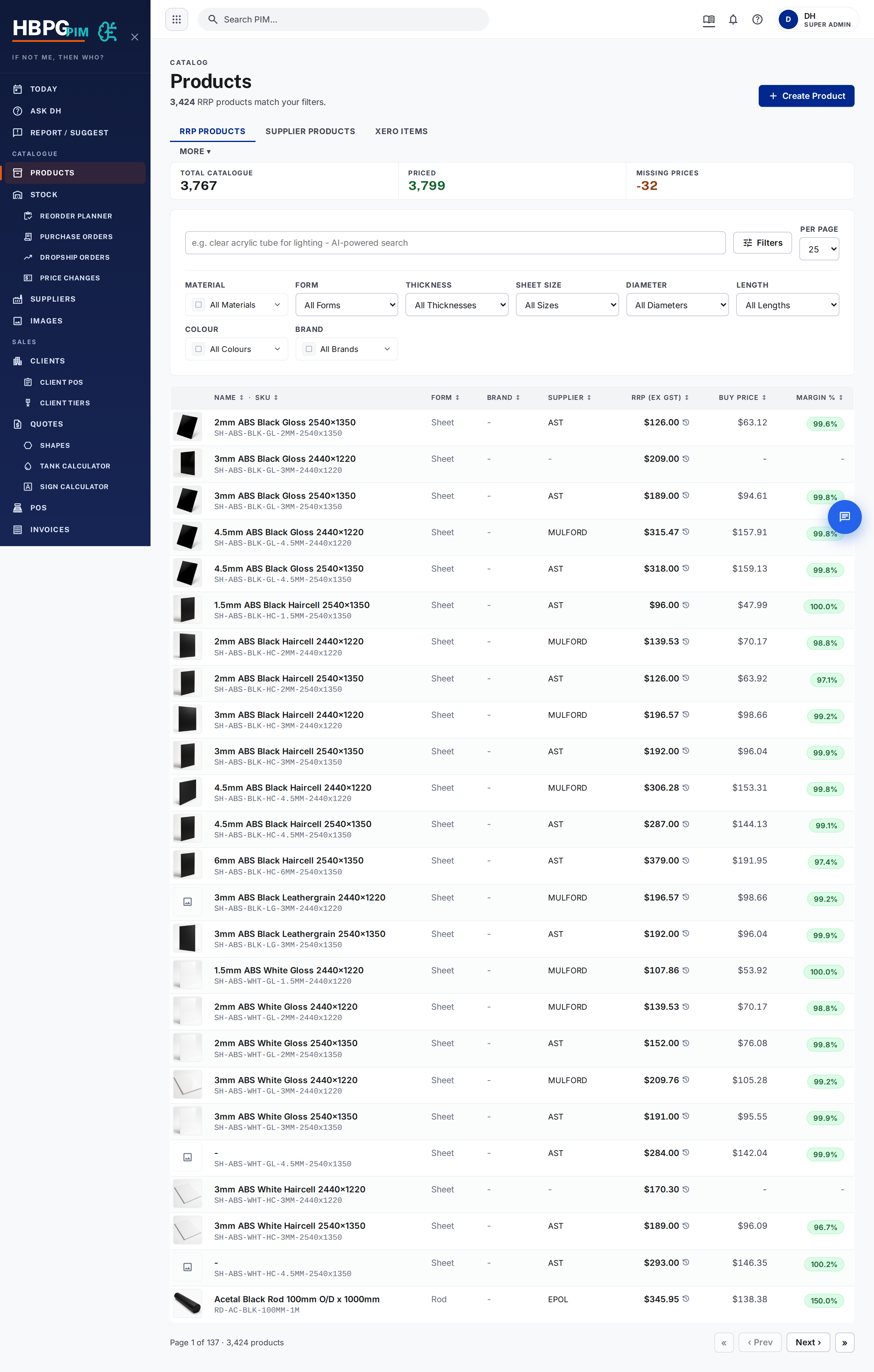 The PIM Products list, where the brand column and filter live