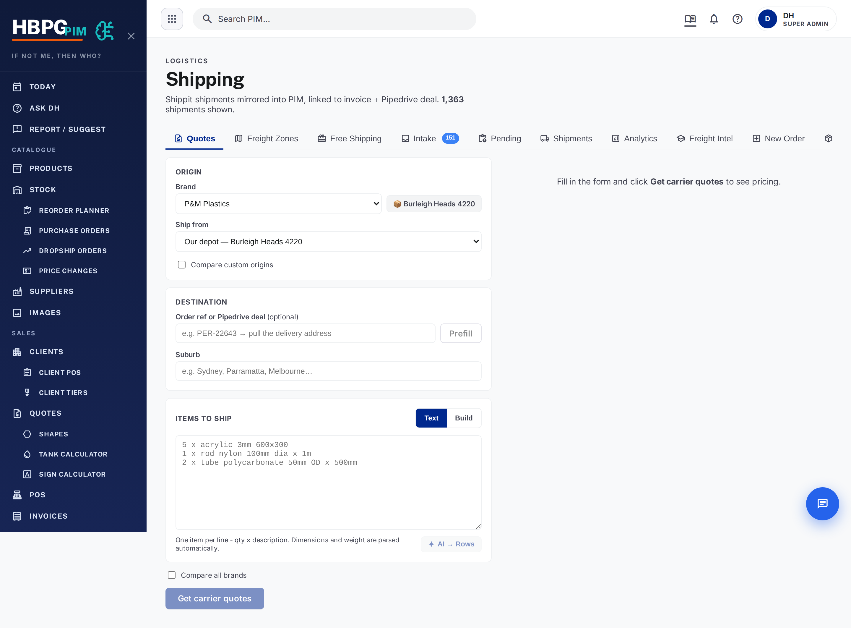 The Shipping screen — quotes and bookings