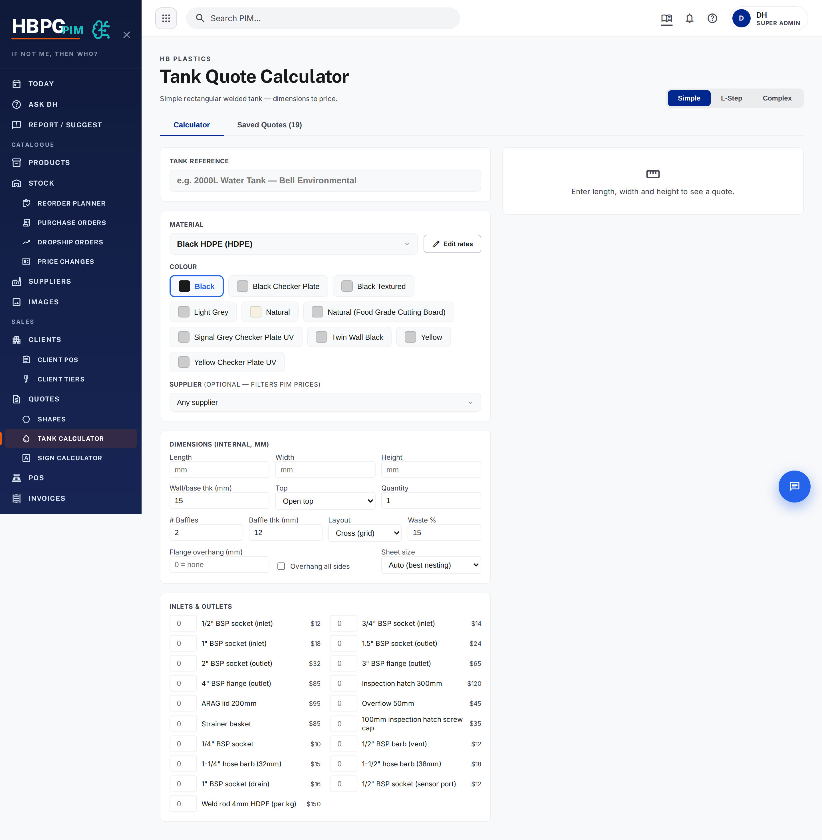 The tank calculator with dimensions and fittings