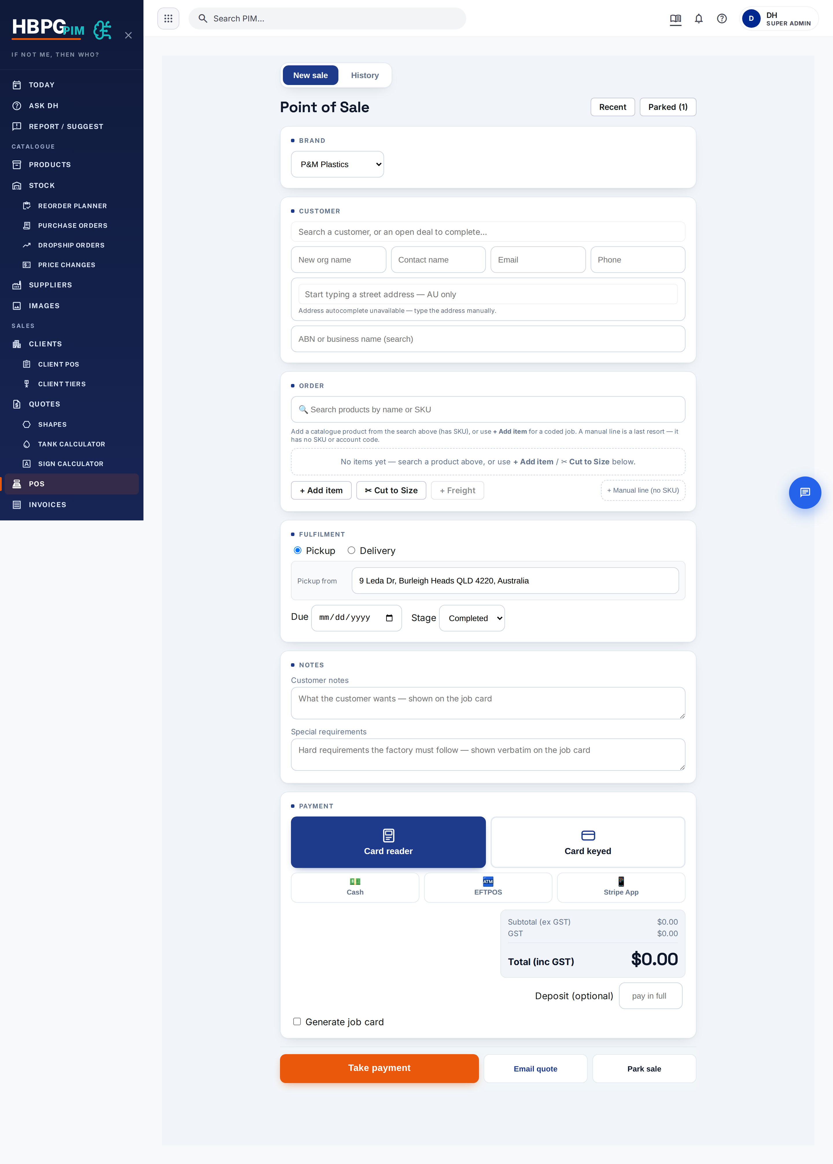 The POS screen — customer, cart, fulfilment, payment and Take payment