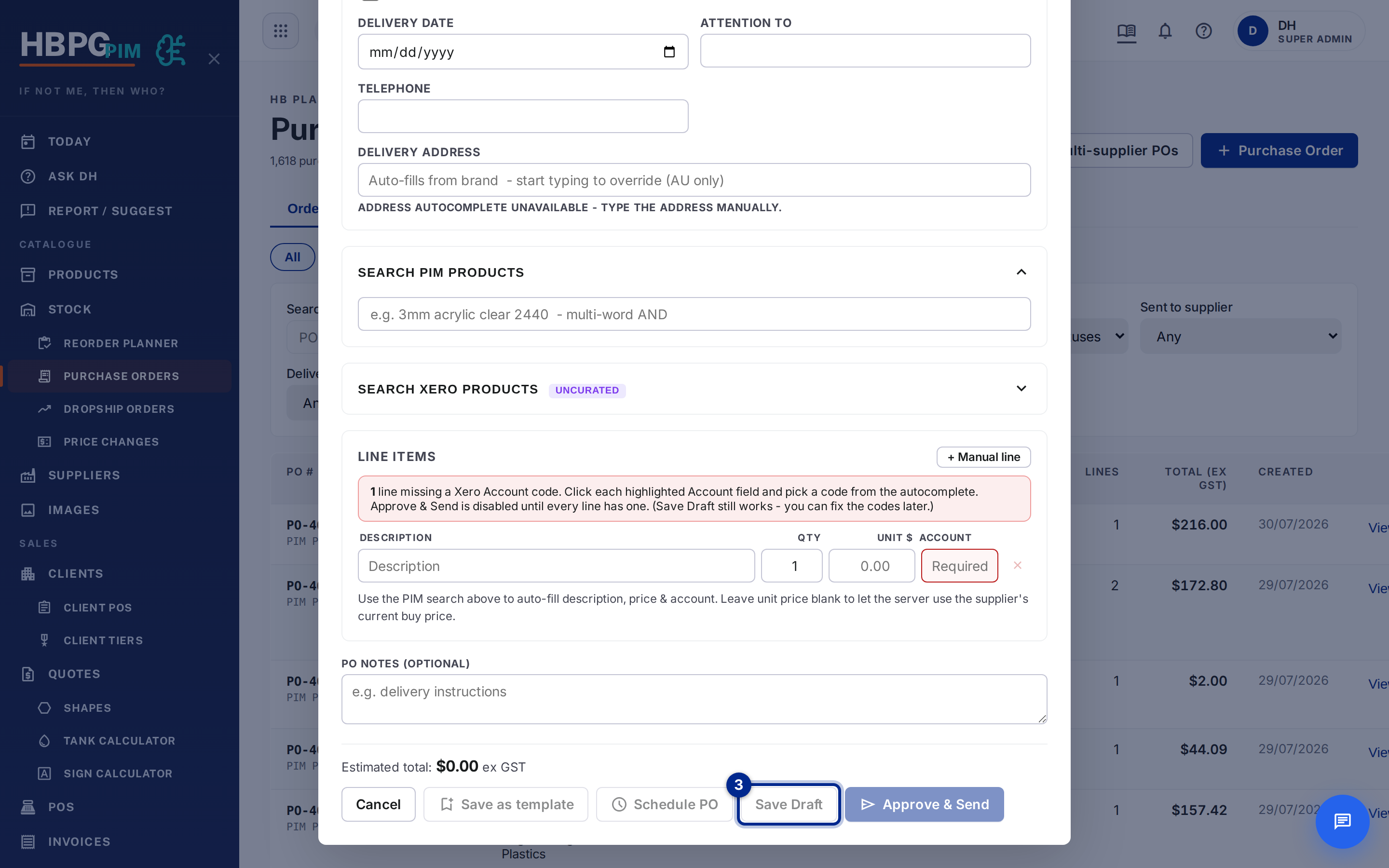 Step 3 — add line items, then Save Draft